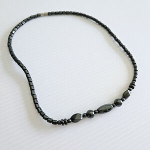Hematite Bead Necklace Dark Gray Metallic Stones Casual Modern Minimalist 17"